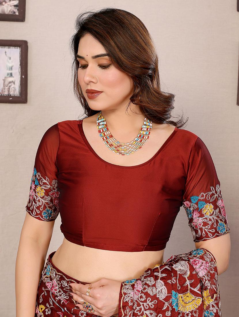 women solid with work embroidered saree with blouse - 21956655 - Standard Image - 5