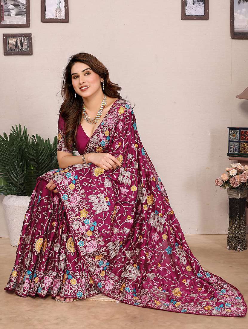 women solid with work embroidered saree with blouse - 21956656 -  Standard Image - 3