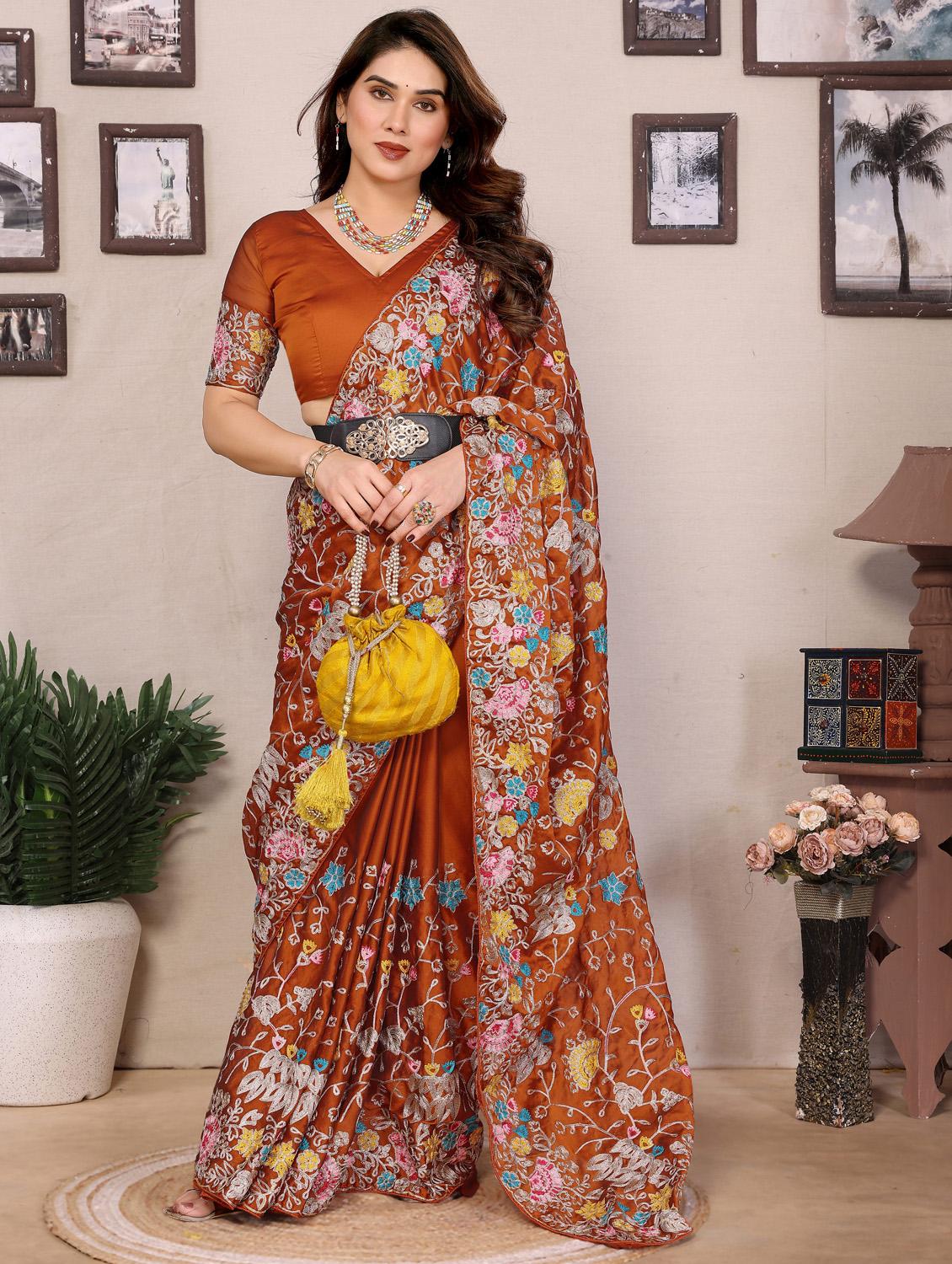 women solid with work embroidered saree with blouse - 21956657 - Standard Image - 5