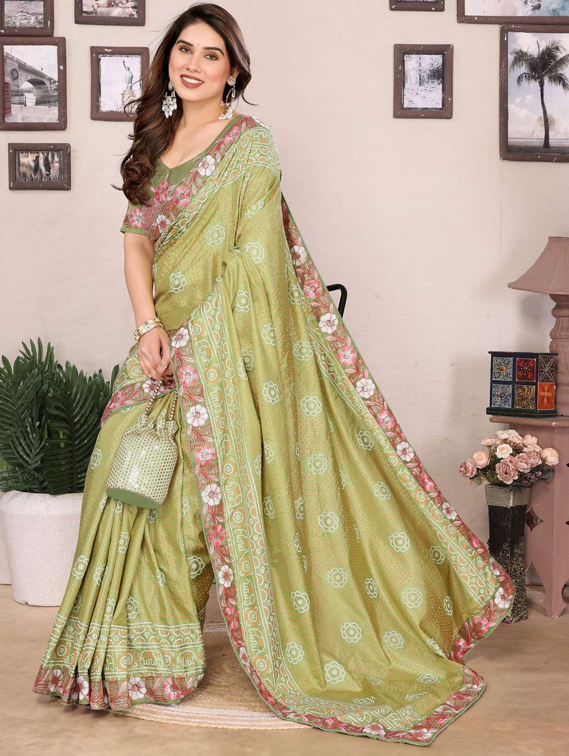 women bandhani embroidered bordered saree with blouse - 21956659 -  Standard Image - 3