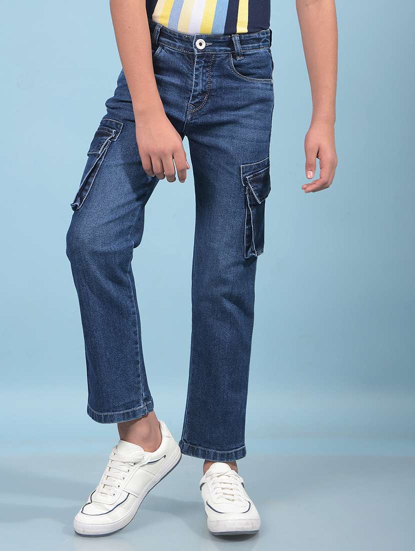 boys blue solid mid rise denim cargo