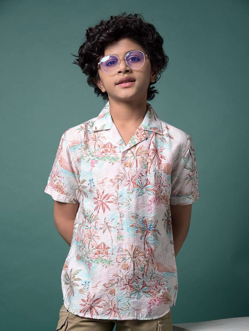 boys floral print collared short sleeve shirt