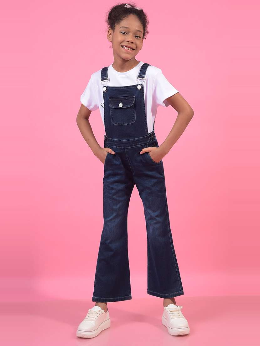 girls' dark blue denim full length dungaree 