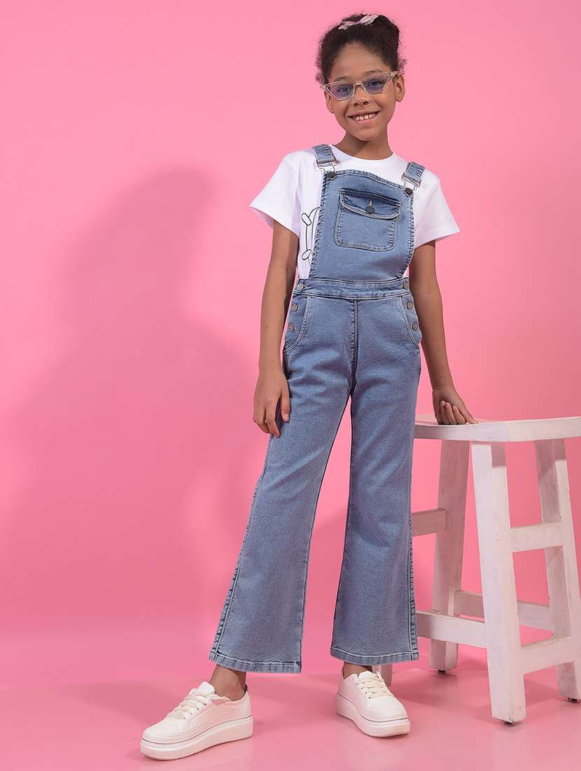 girls solid full length denim dungaree