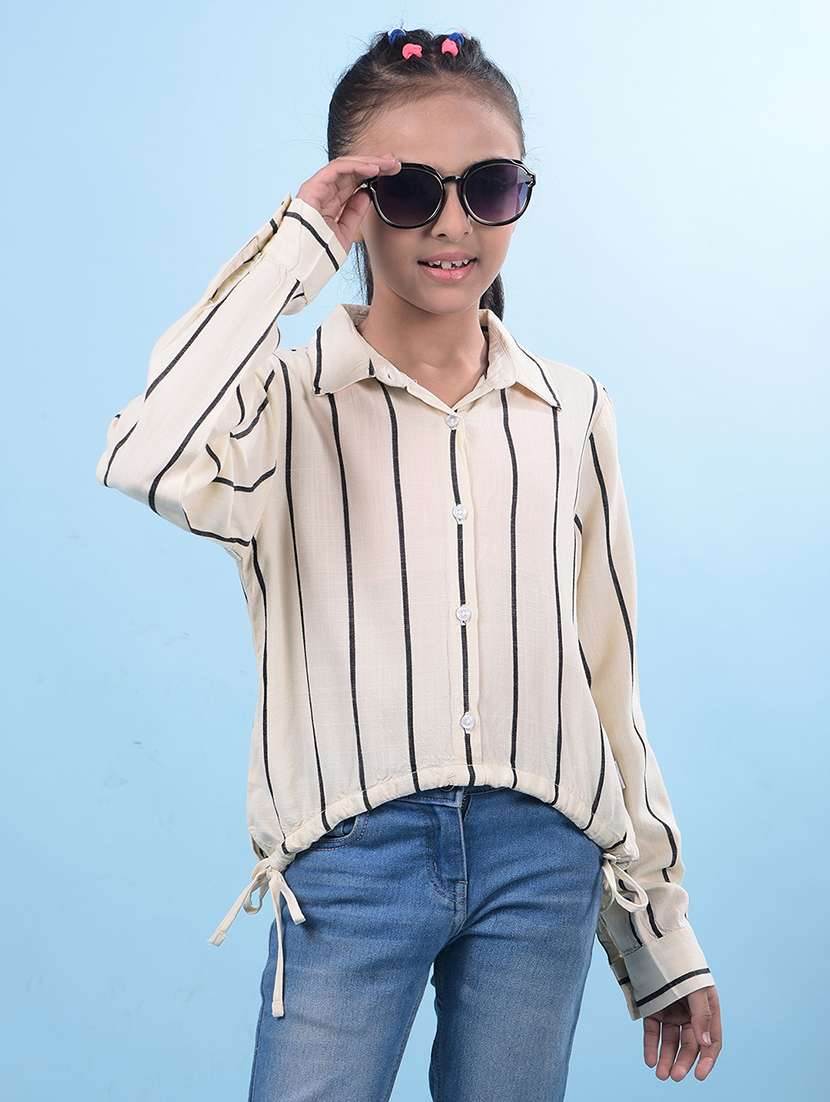 girls striped collared long sleeve shirt style top