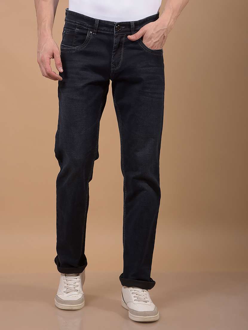men navy blue washed mid rise full length jeans