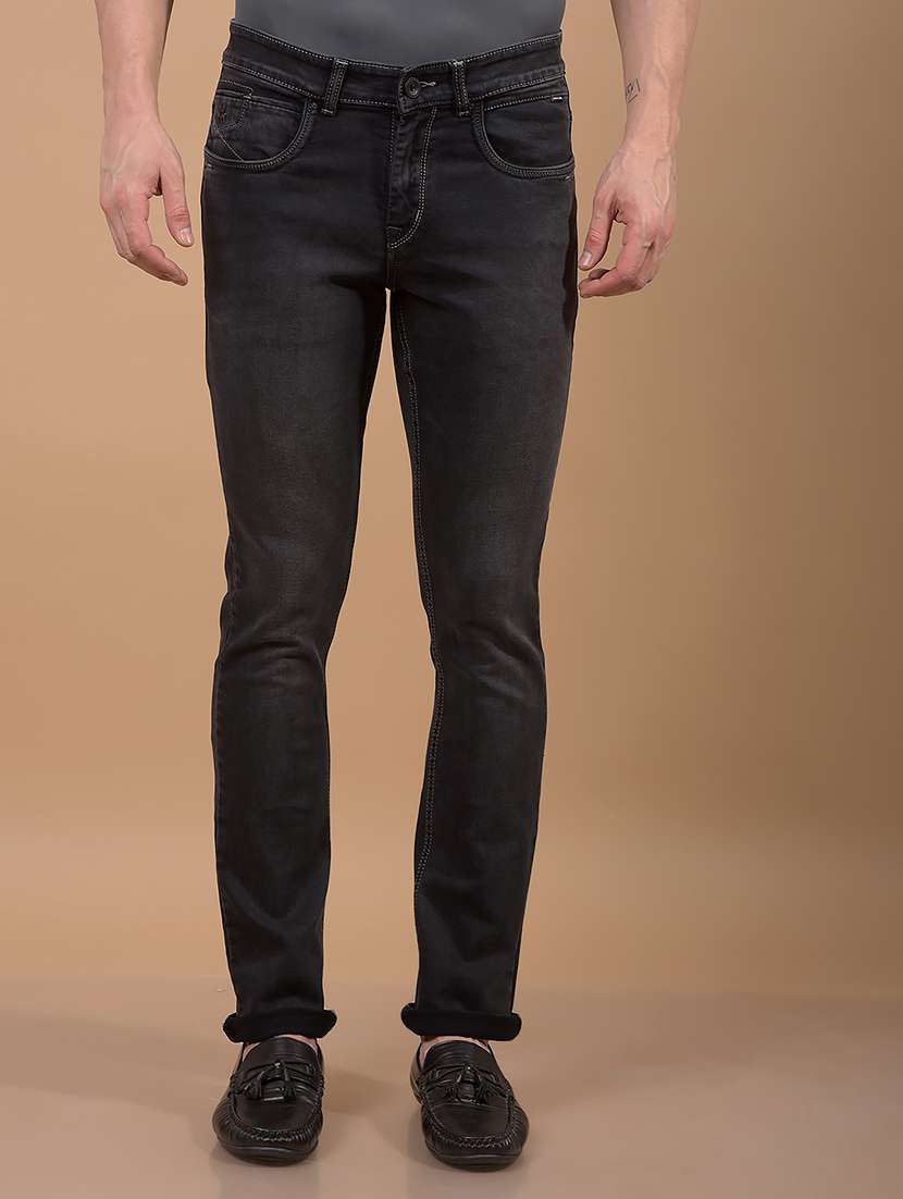 men washed mid rise full length jeans