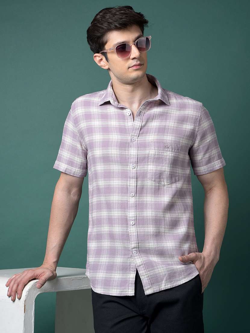 men checkered short sleeve slim fit casual shirt