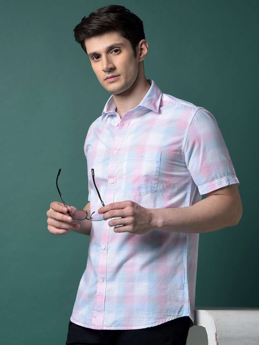 men checkered short sleeve slim fit casual shirt