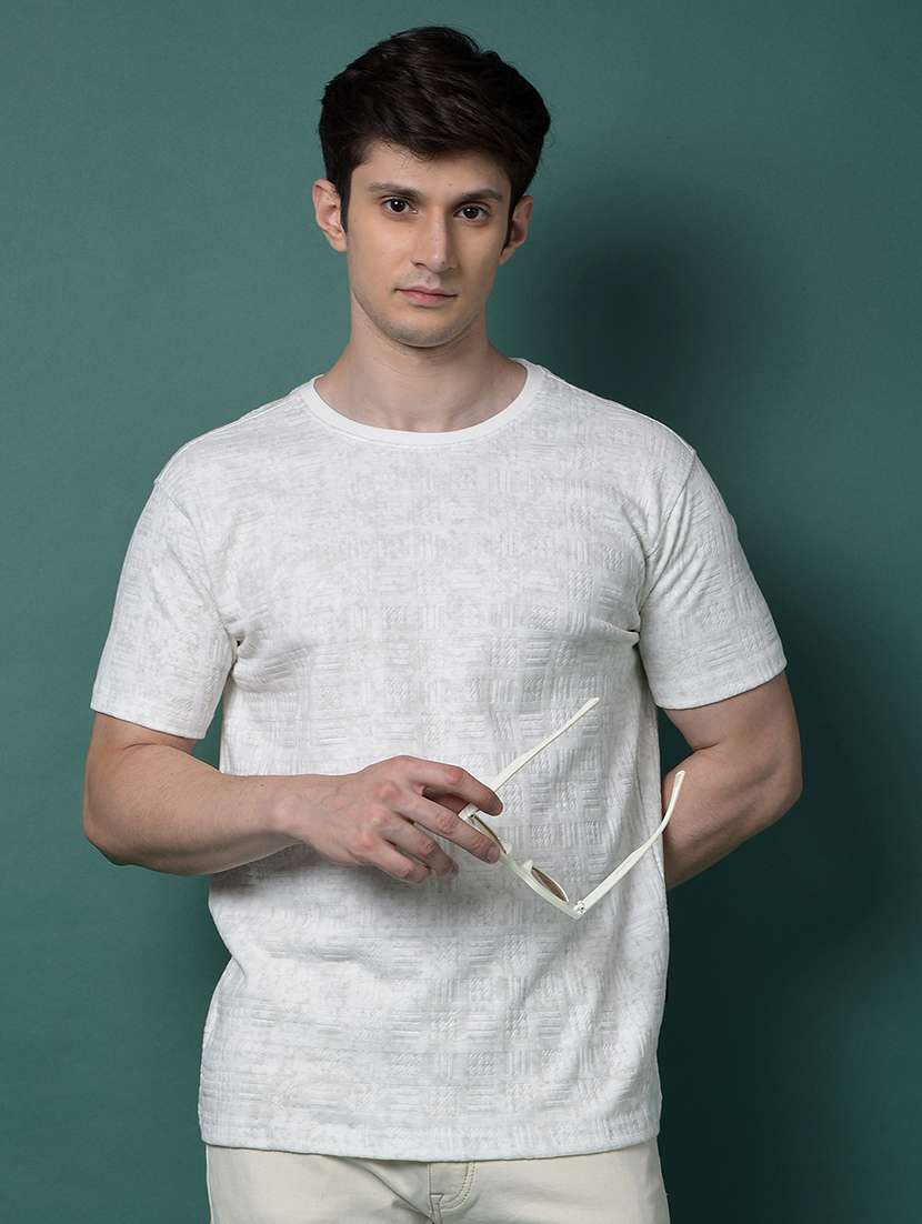 men grey self design short sleeve slim fit t-shirt