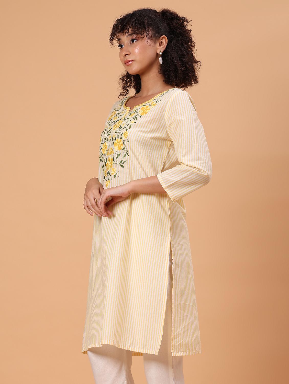 yellow cambric kurta - 21956926 - Standard Image - 3