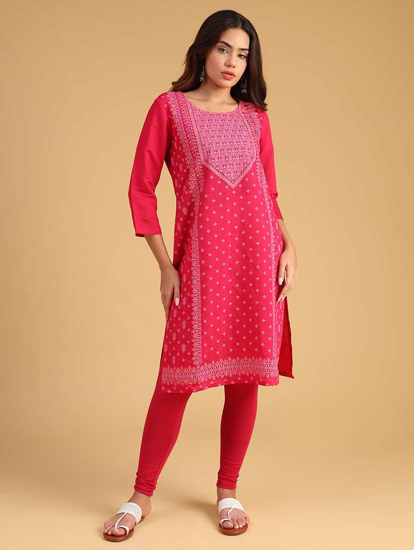 women printed three quarter sleeve straight kurta - 21956928 -  Standard Image - 3