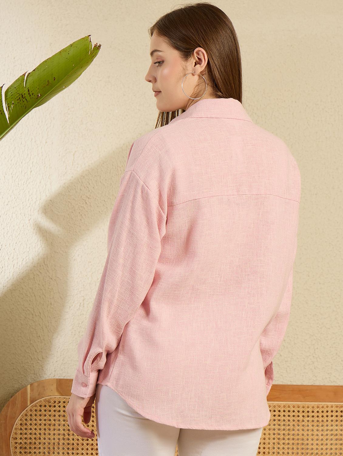 women pink solid collared long sleeve shirt - 21956934 - Standard Image - 3