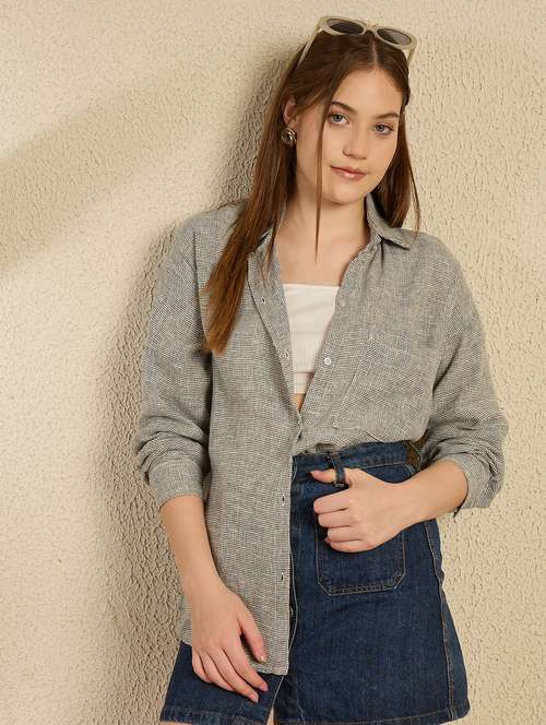 women grey solid collared long sleeve oversized shirt - 21956936 - Standard Image - 0