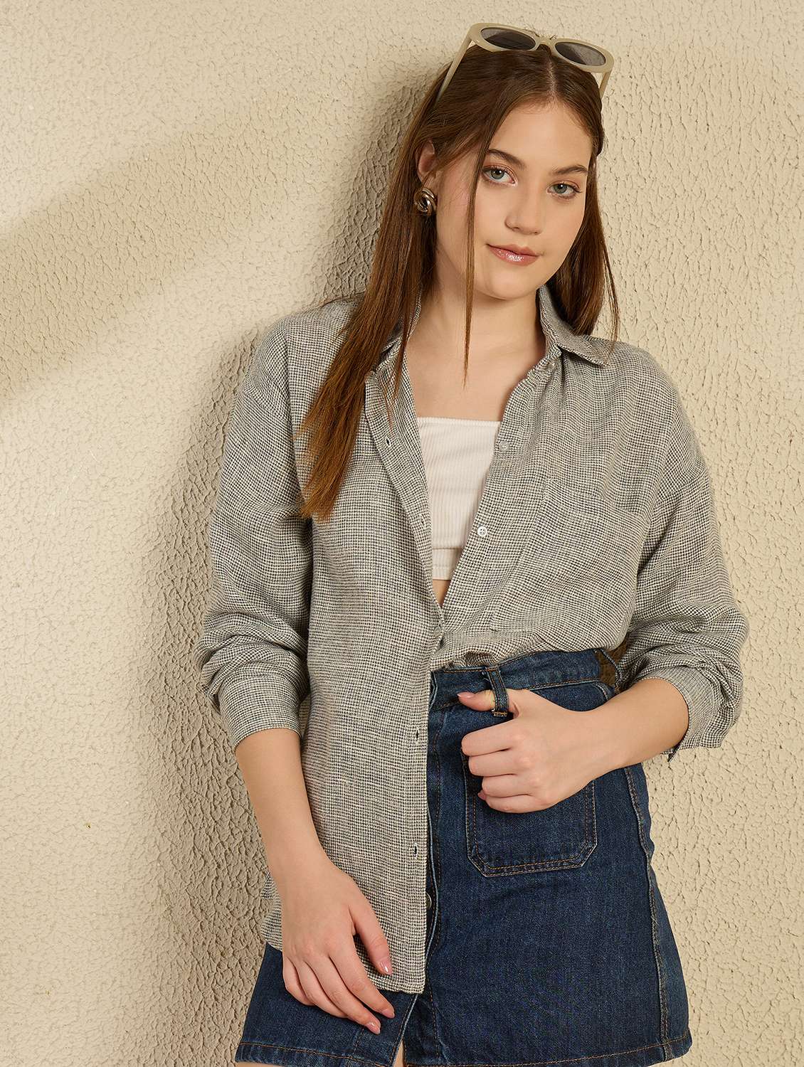 women grey solid collared long sleeve oversized shirt - 21956936 - Zoom Image - 0