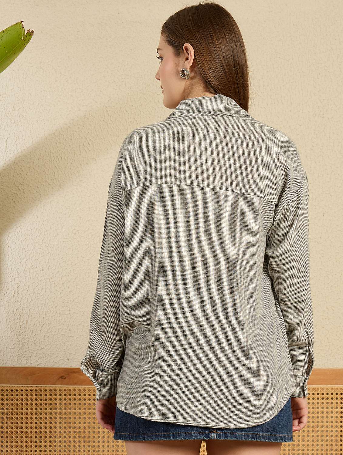 women grey solid collared long sleeve oversized shirt - 21956936 - Standard Image - 3