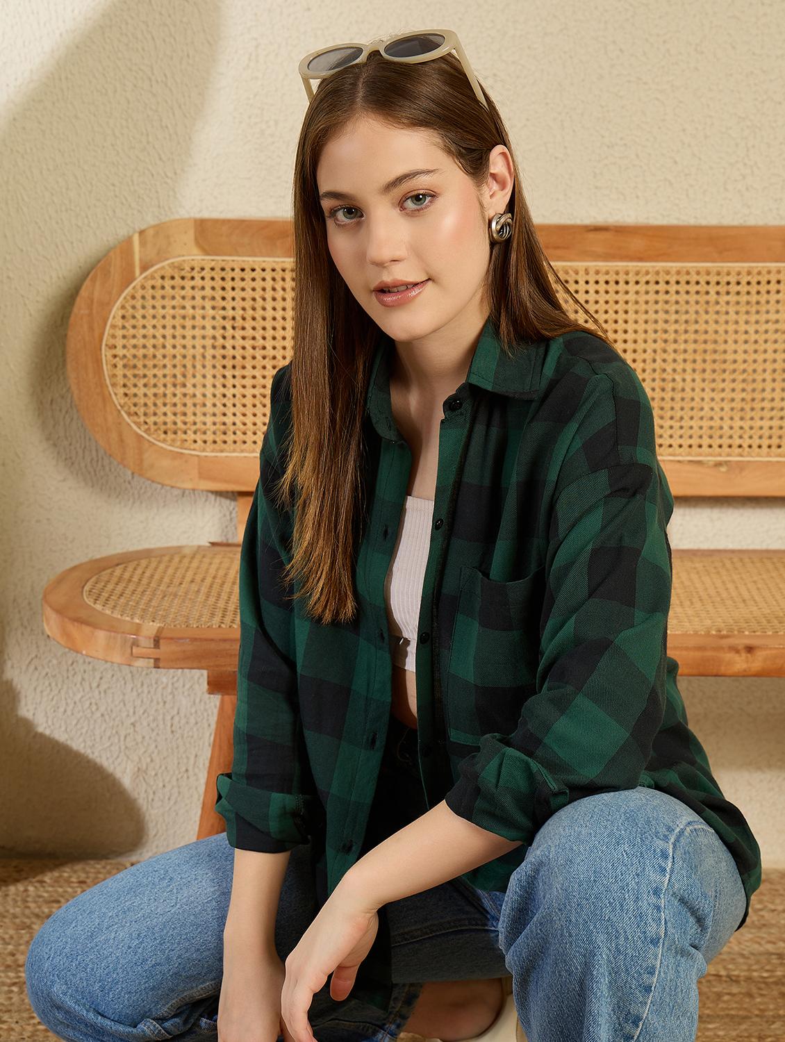 women checkered collared long sleeve oversized shirt - 21956940 - Zoom Image - 0