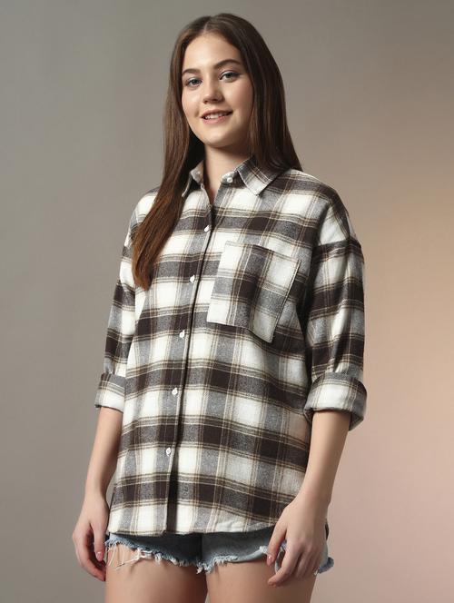 women checkered collared long sleeve oversized shirt - 21956941 - Standard Image - 0