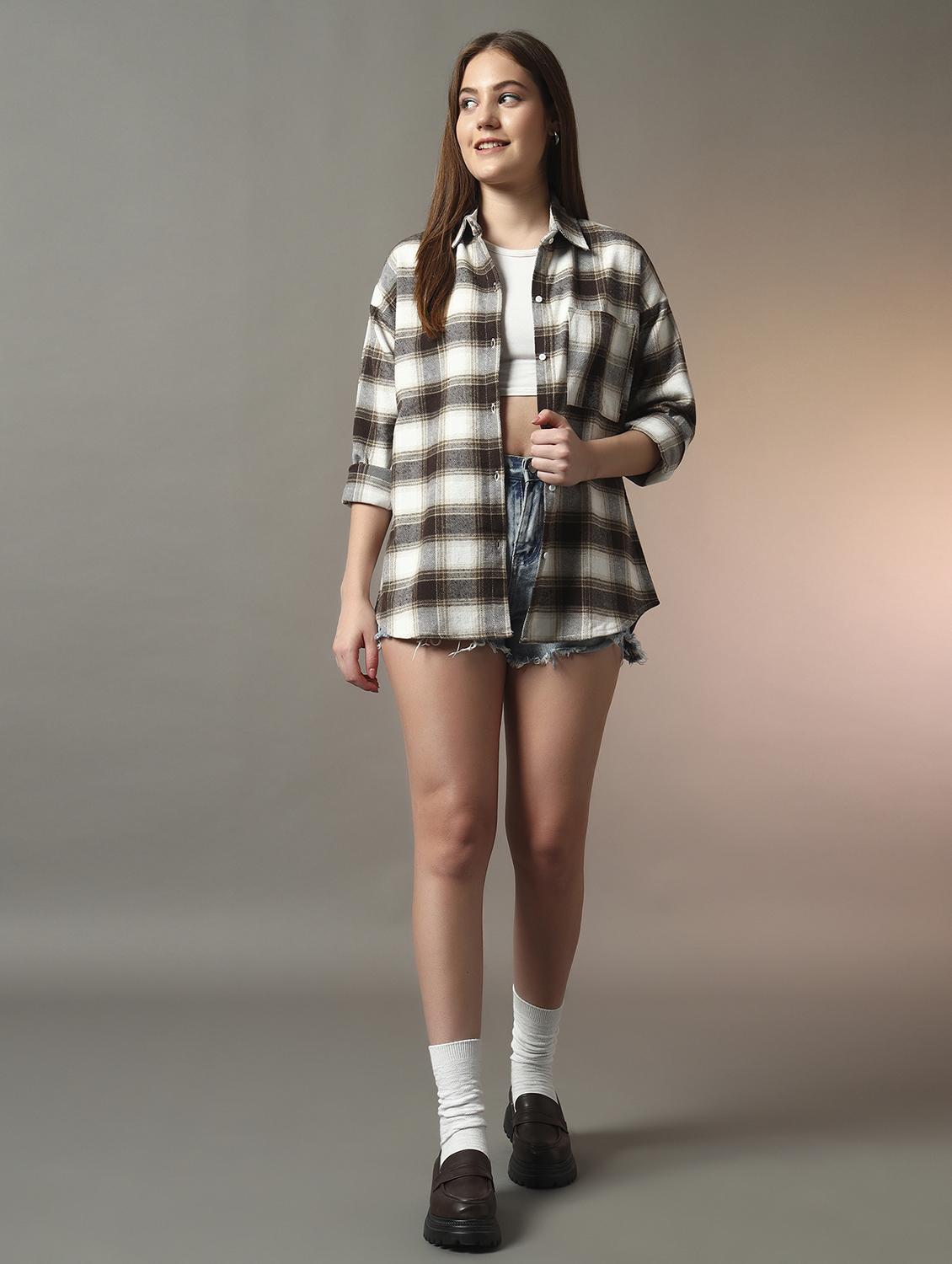 women checkered collared long sleeve oversized shirt - 21956941 - Standard Image - 5