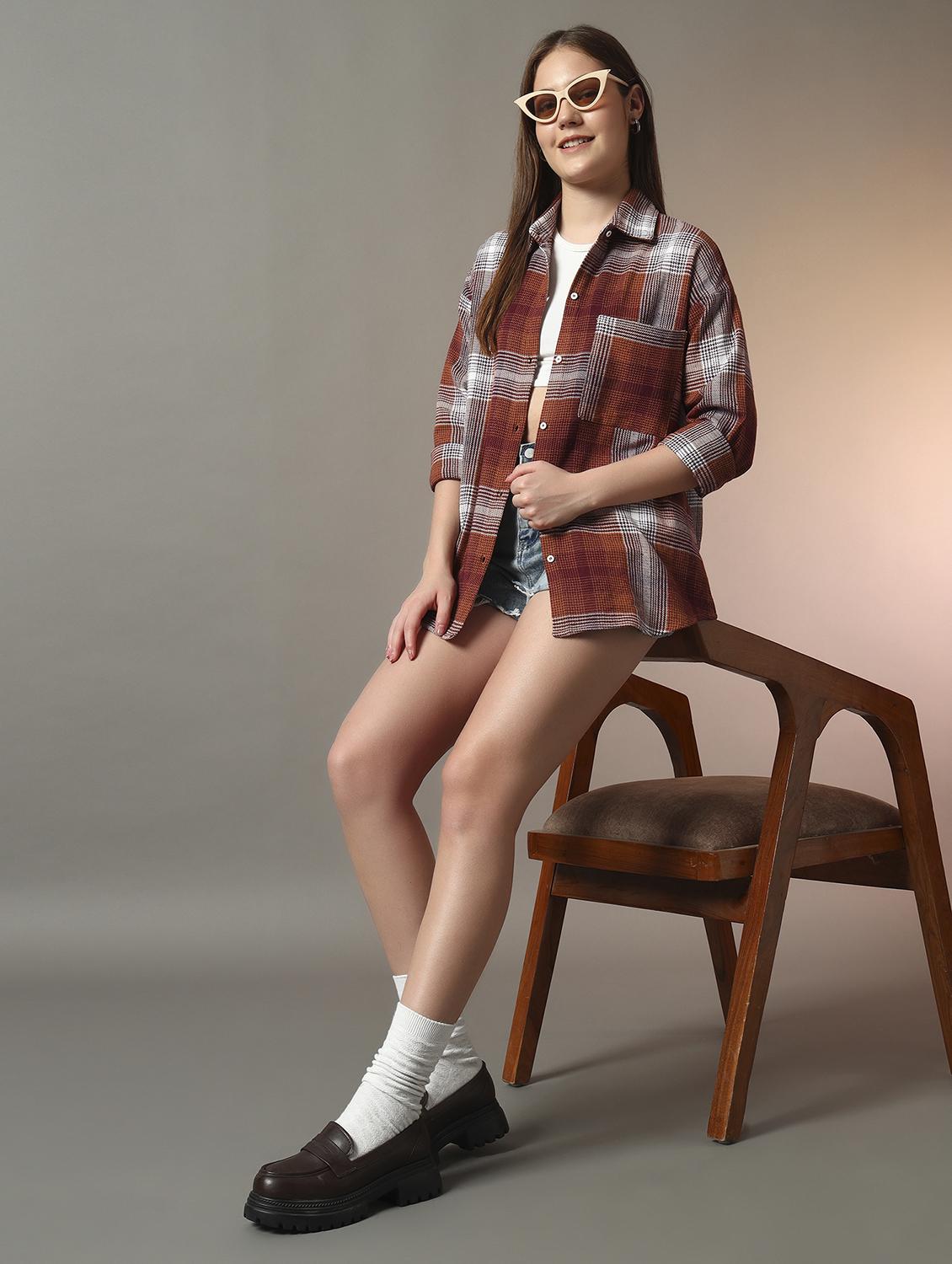 women checkered collared long sleeve oversized shirt - 21956942 - Standard Image - 3