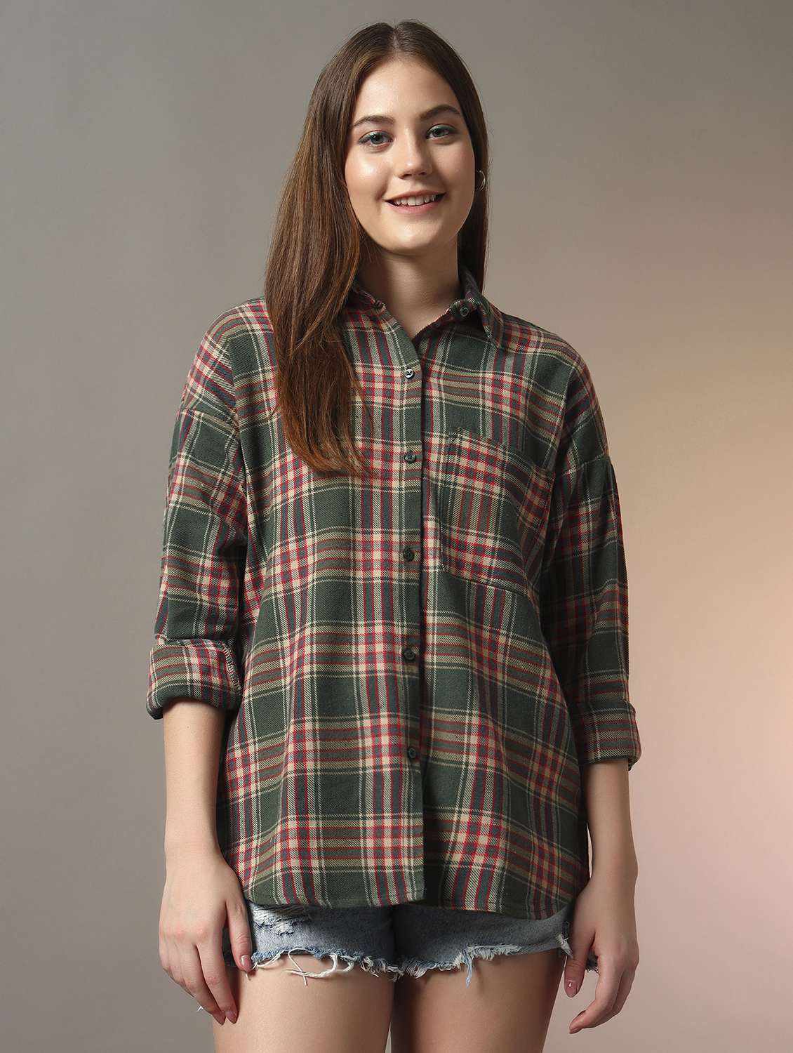 women checkered collared long sleeve oversized shirt - 21956944 -  Zoom Image - 0