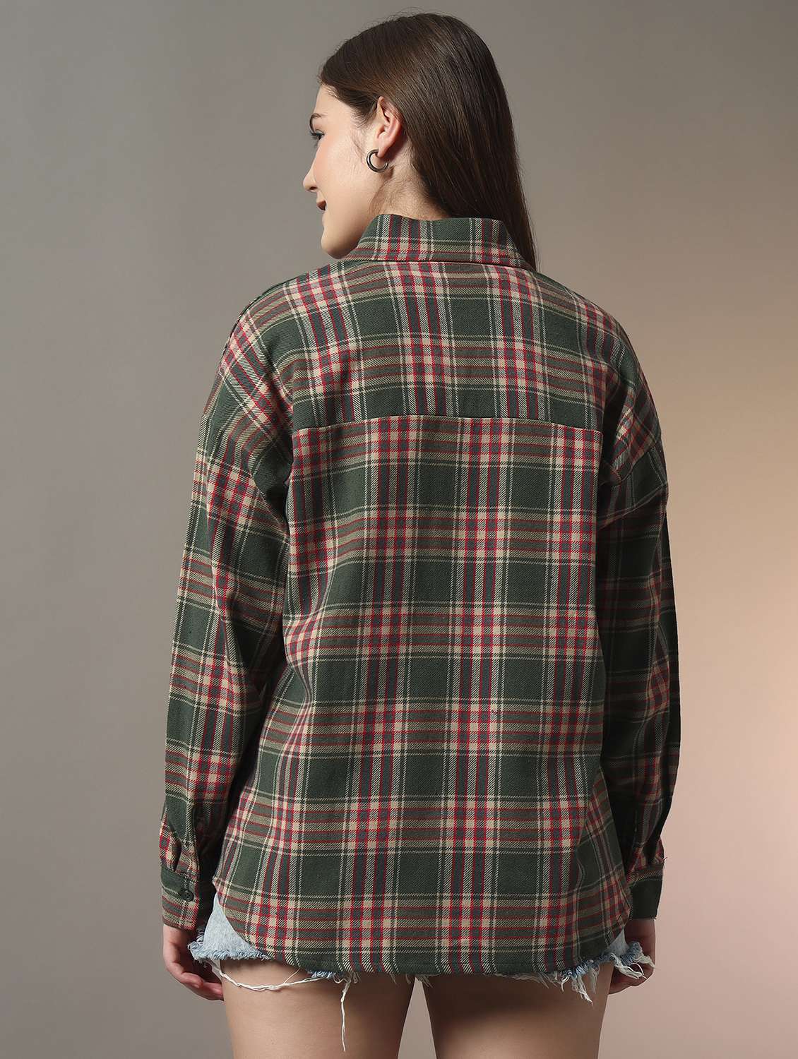 women checkered collared long sleeve oversized shirt - 21956944 -  Standard Image - 3