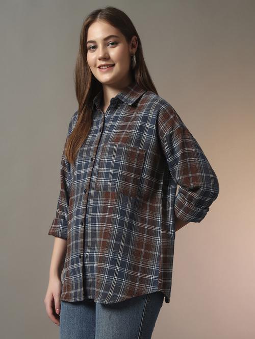 women checkered collared long sleeve oversized shirt - 21956945 -  Standard Image - 0