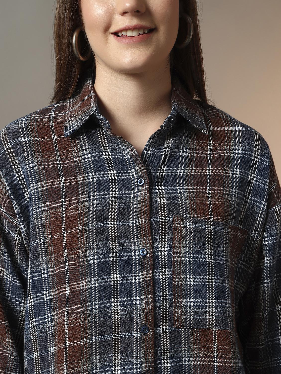 women checkered collared long sleeve oversized shirt - 21956945 - Standard Image - 3