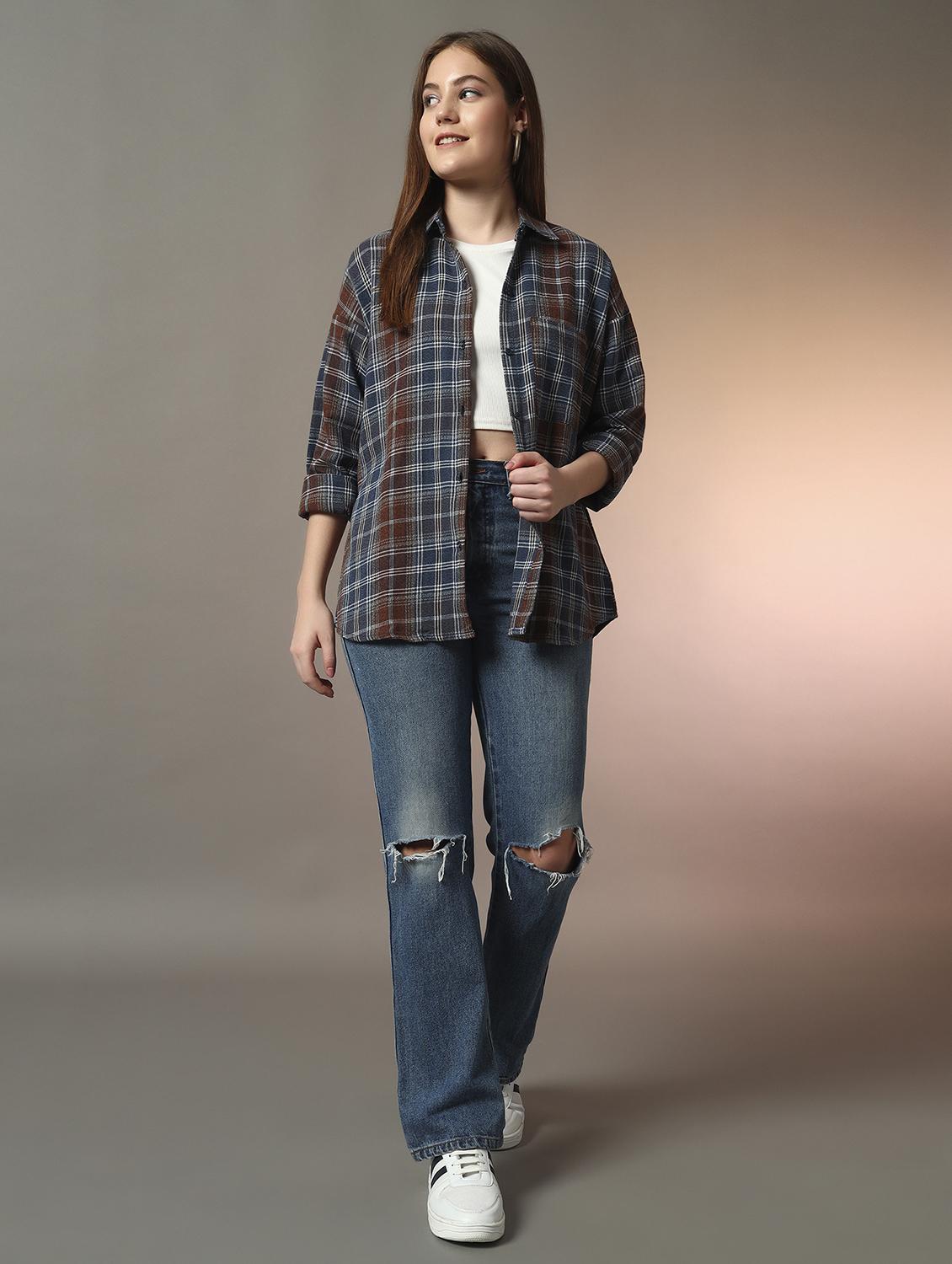 women checkered collared long sleeve oversized shirt - 21956945 - Standard Image - 5