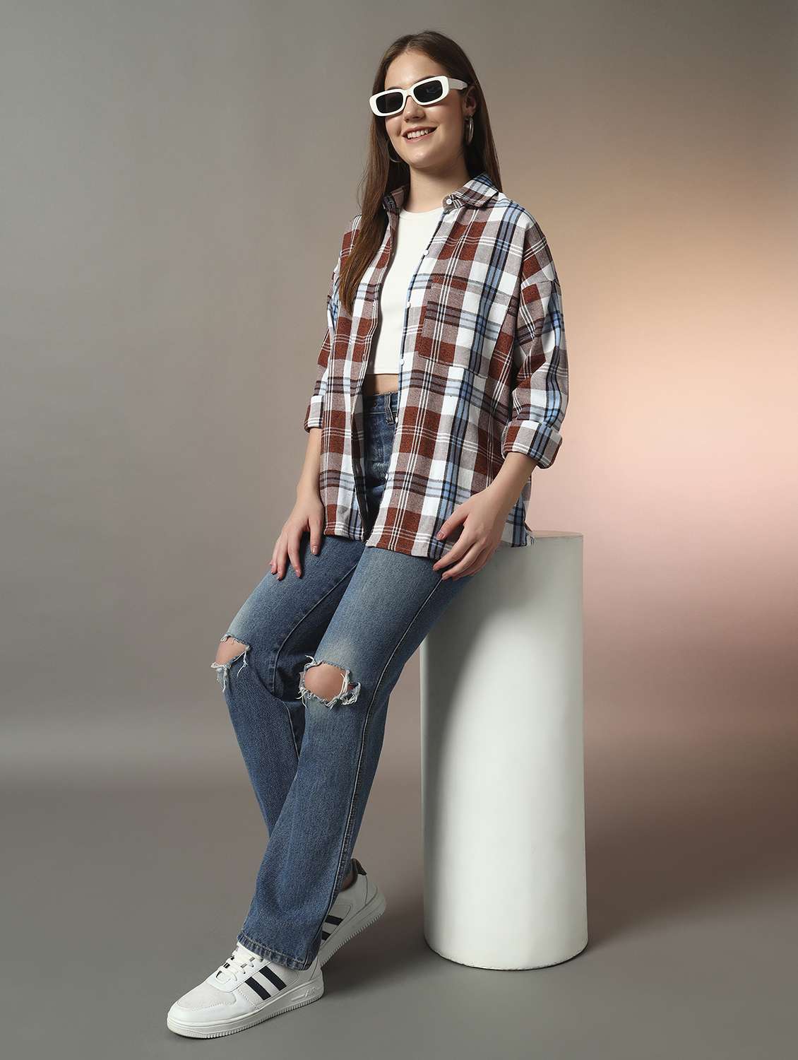 women checkered collared long sleeve oversized shirt - 21956946 - Standard Image - 3