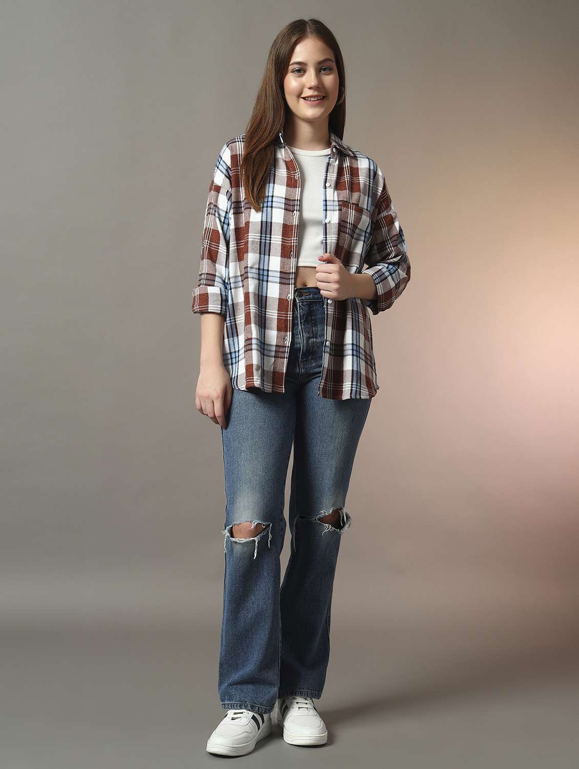 women checkered collared long sleeve oversized shirt - 21956946 - Standard Image - 5
