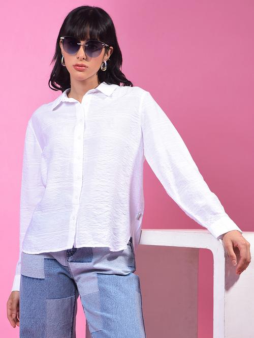 women solid collared long slevee relaxed fit shirt - 21957010 - Standard Image - 0