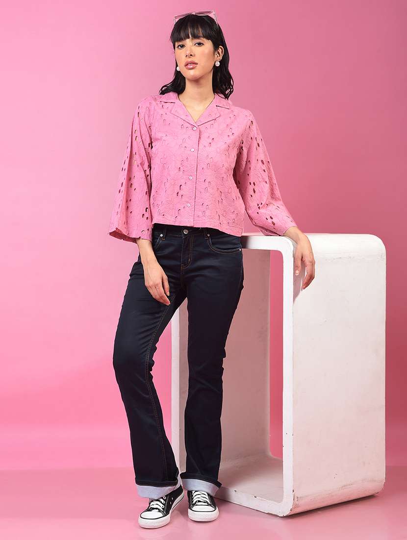 women solid laple collar crop schiffli shirt - 21957020 -  Standard Image - 5