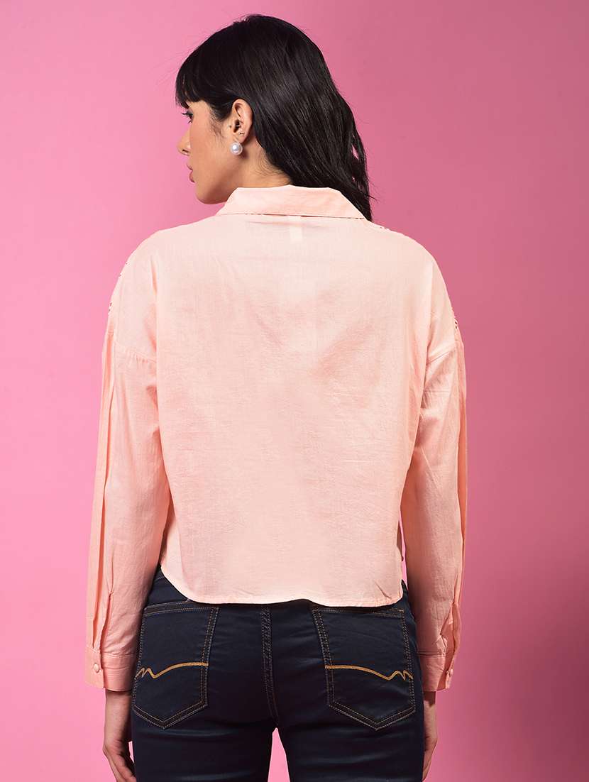 women collared long sleeve crop schiffli shirt - 21957024 -  Standard Image - 3