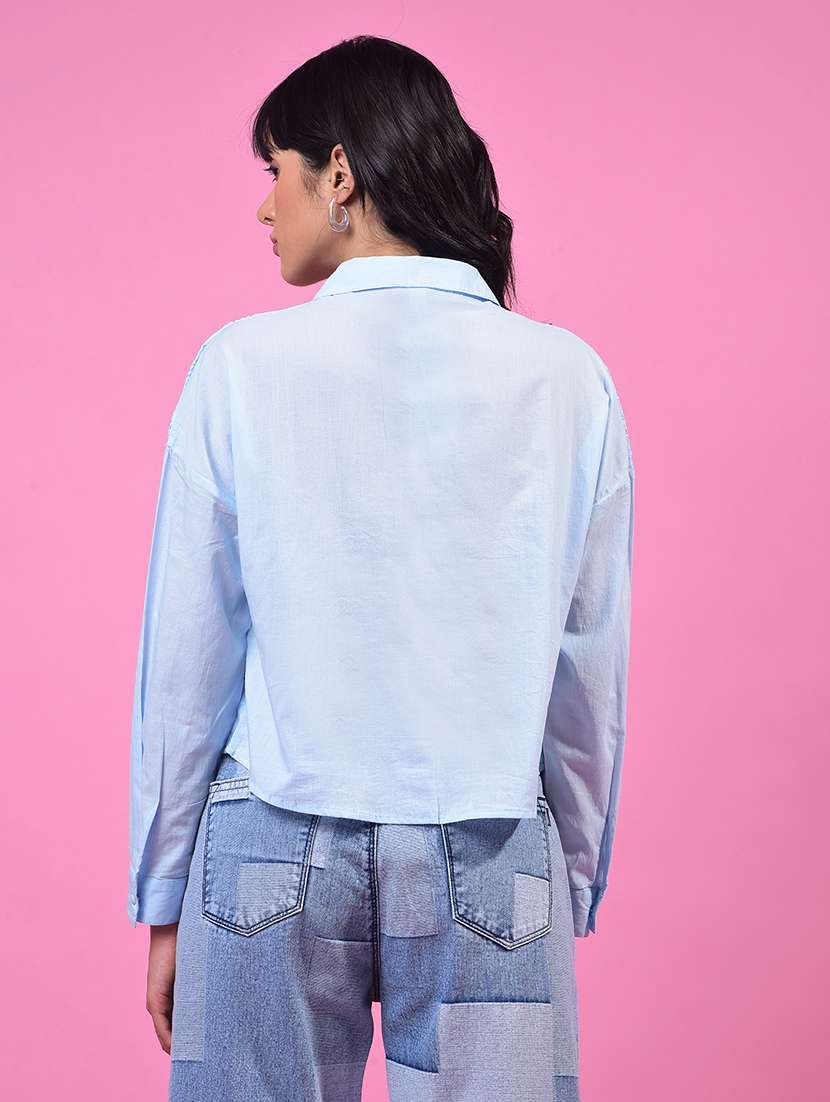 women collared long sleeve crop schiffli shirt - 21957025 -  Standard Image - 3