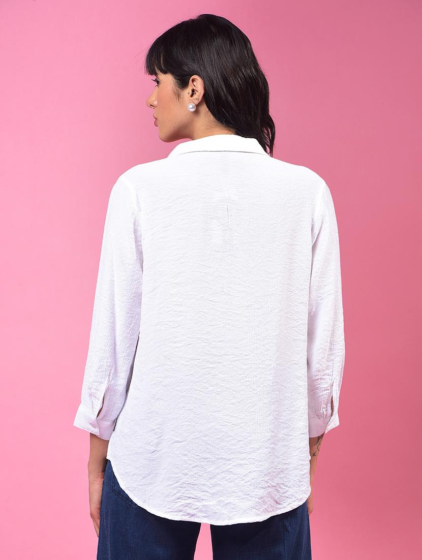 women white solid collared relaxed fit shirt top - 21957033 - Standard Image - 3