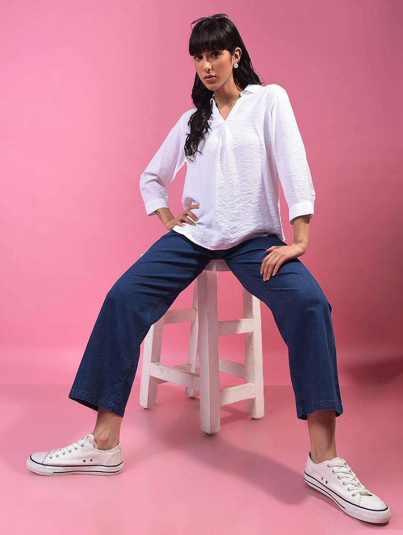 women white solid collared relaxed fit shirt top - 21957033 - Standard Image - 5