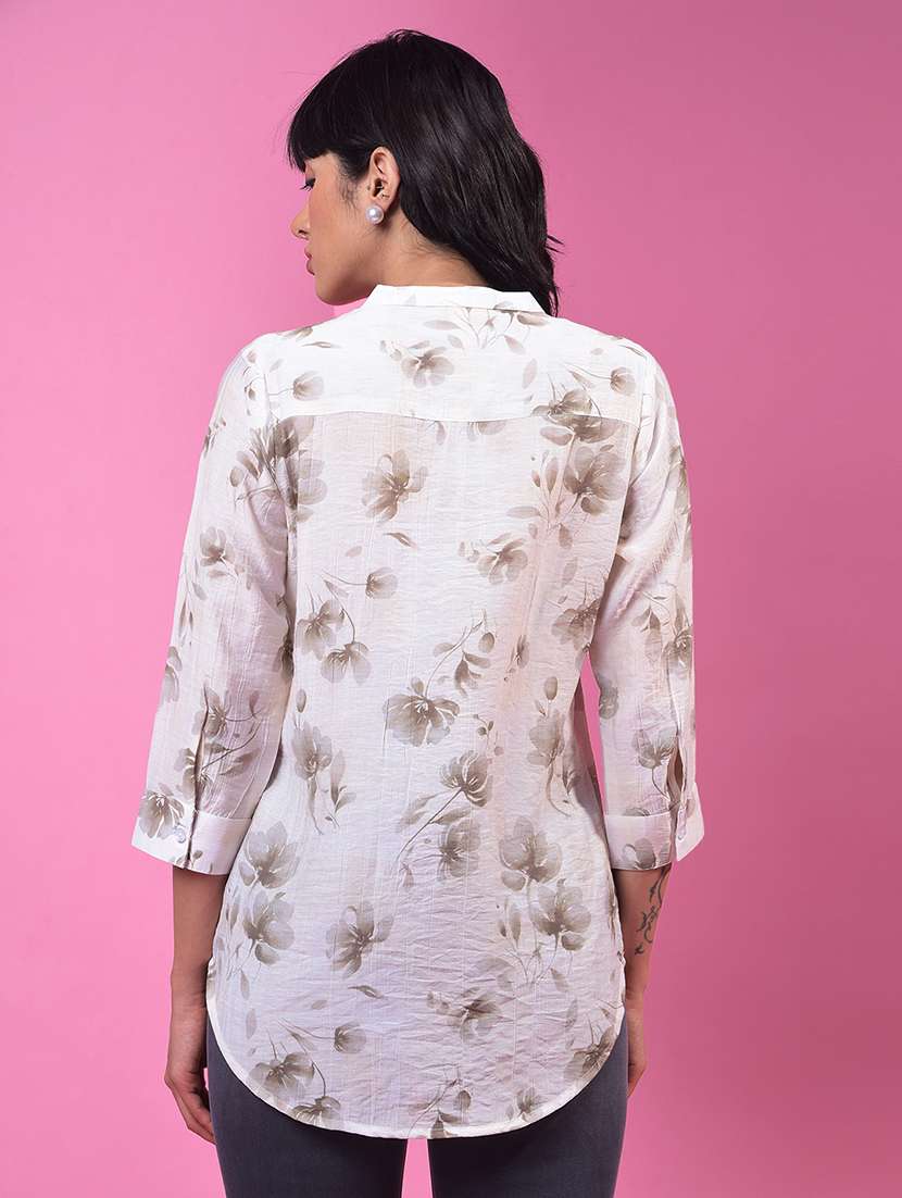women off white floral print mandarin neck top - 21957038 - Standard Image - 3