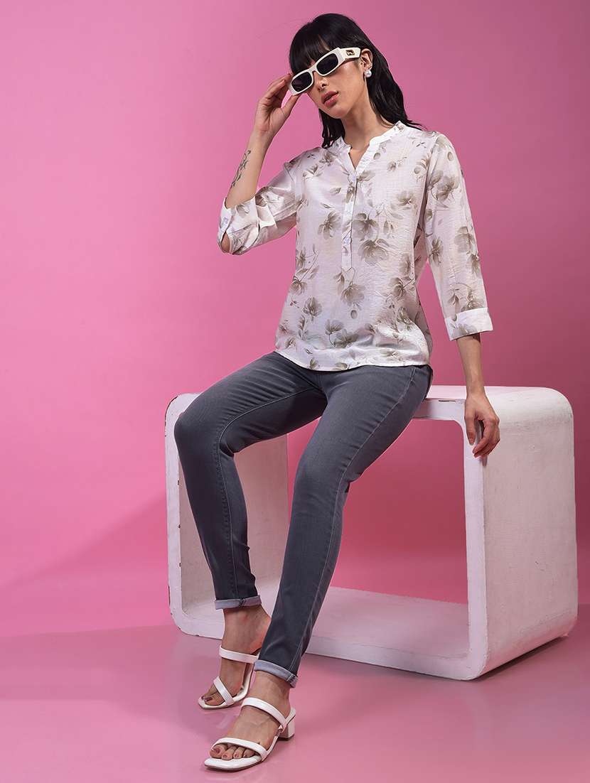 women off white floral print mandarin neck top - 21957038 - Standard Image - 5