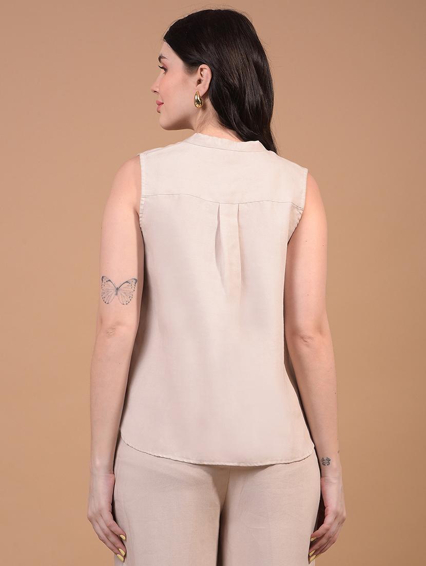 women beige solid mandarin neck sleeveless top - 21957043 - Standard Image - 3