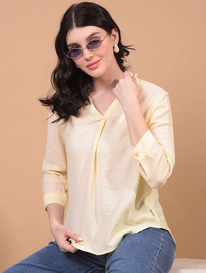 women yellow solid collared high low top