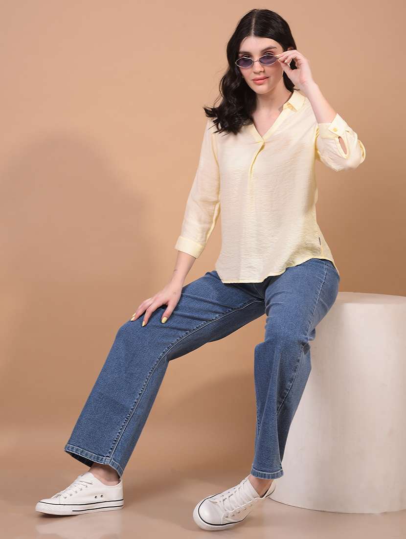 women yellow solid collared high low top - 21957044 - Standard Image - 5