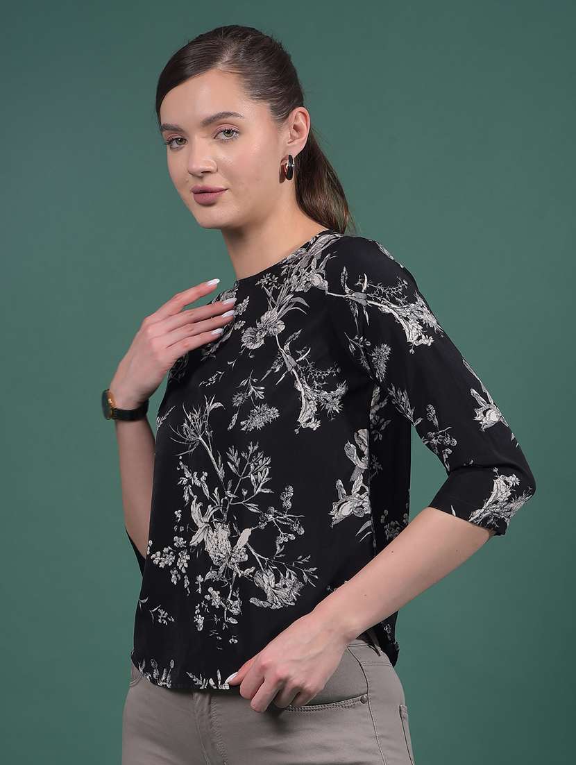 women black floral print three quarter sleeve top - 21957047 - Standard Image - 3