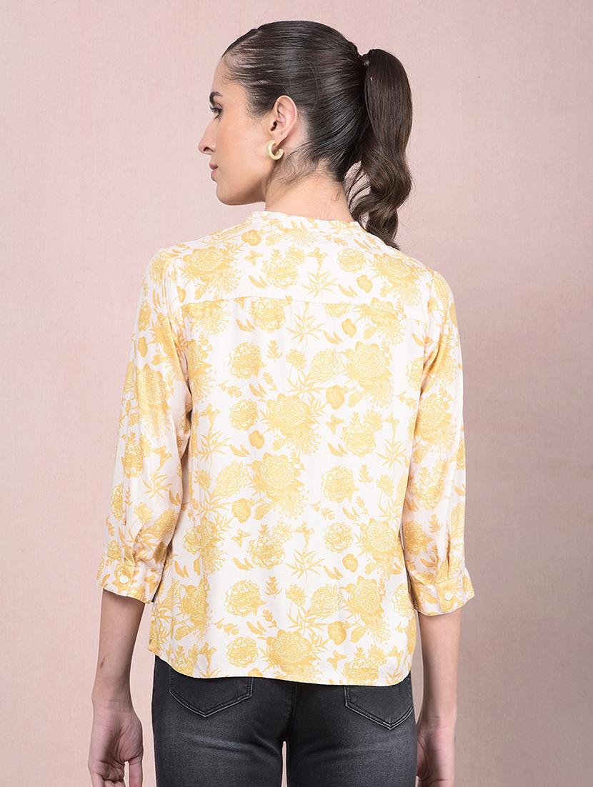 women yellow floral print mandarin neck top - 21957048 - Standard Image - 3