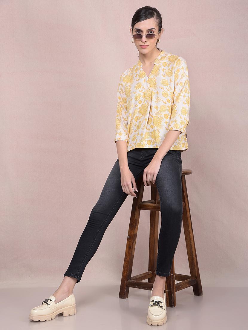 women yellow floral print mandarin neck top - 21957048 - Standard Image - 5