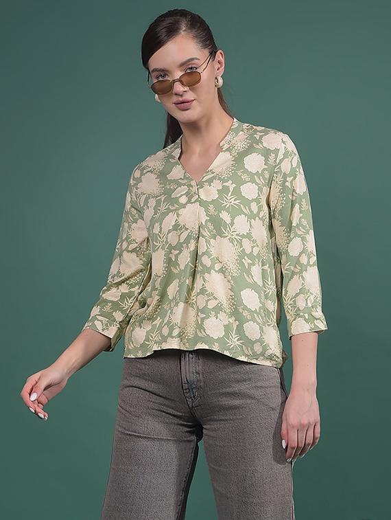 women green floral print mandarin neck top - 21957049 - Zoom Image - 0