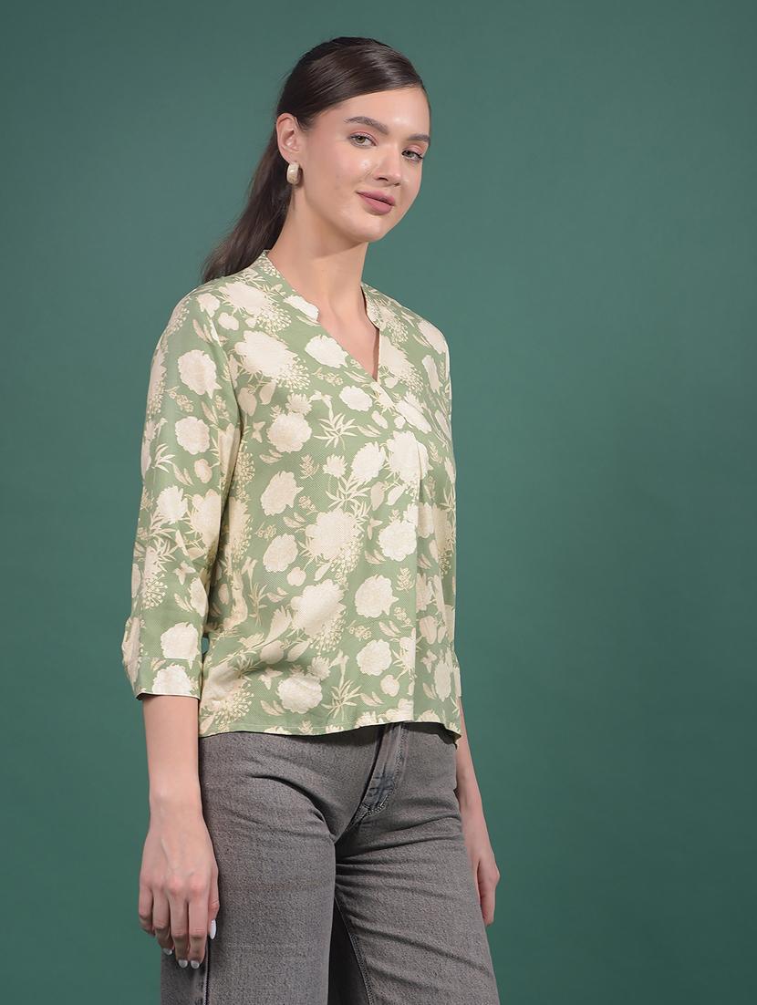 women green floral print mandarin neck top - 21957049 - Standard Image - 3