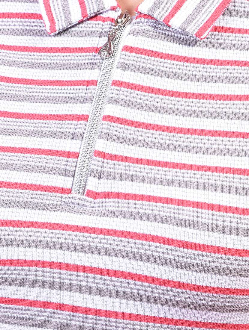 Women Striped Sleeveless Regular Fit Polo T Shirt