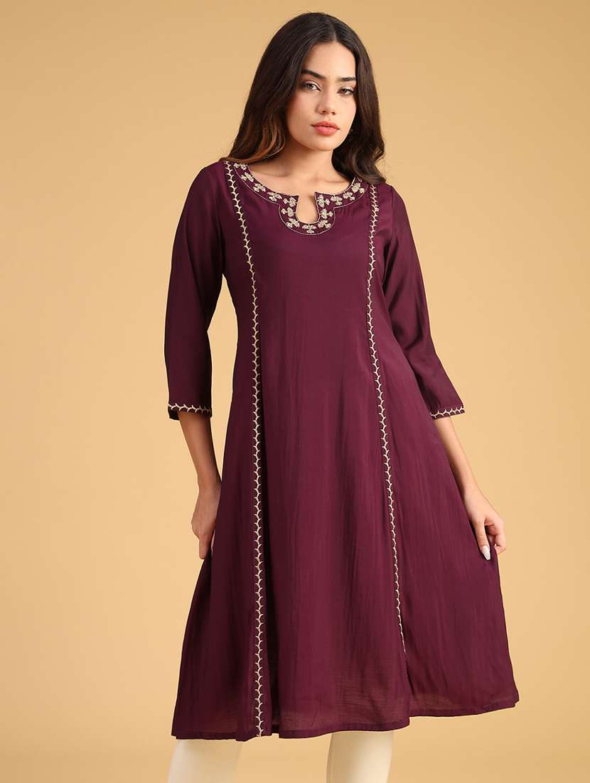 women embroidered three quarter sleeve a-line kurta
