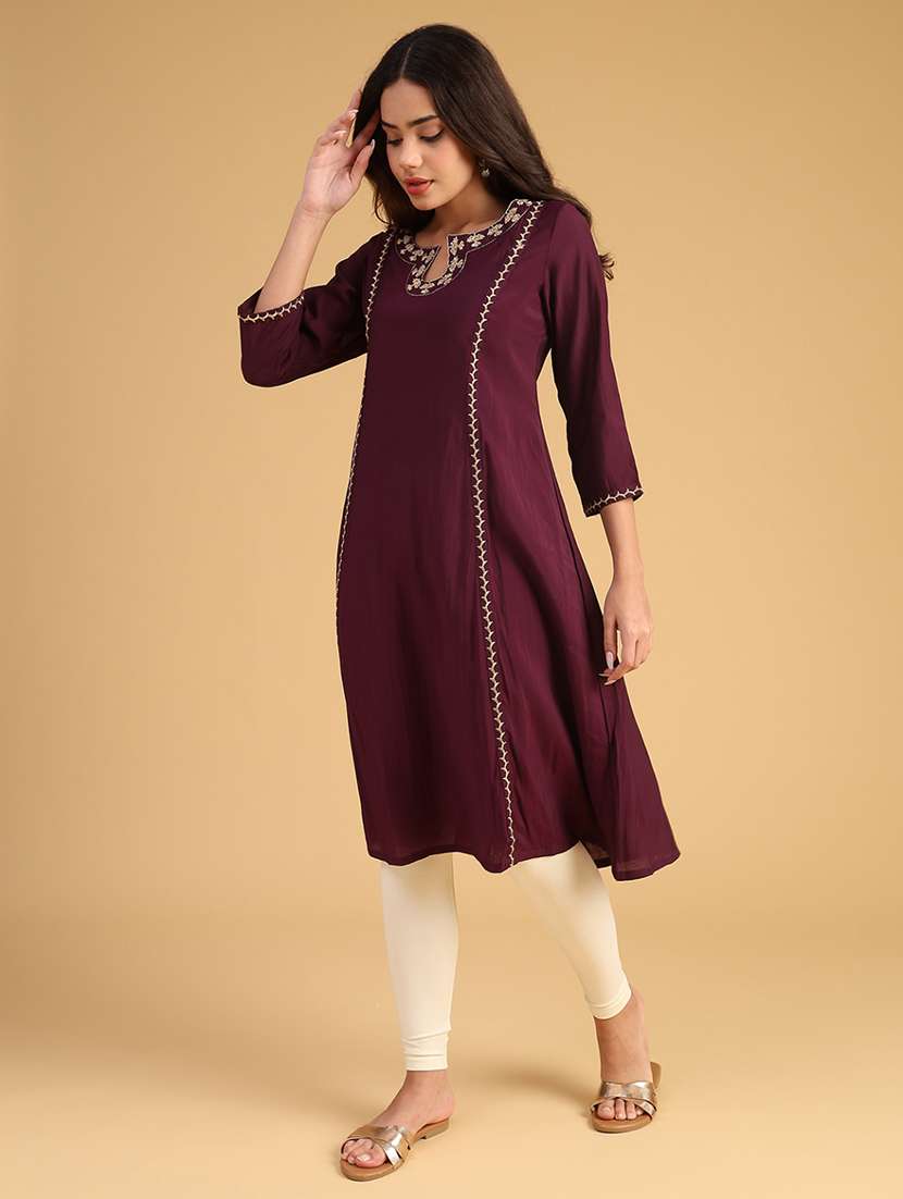 women embroidered three quarter sleeve a-line kurta - 21957338 -  Standard Image - 3